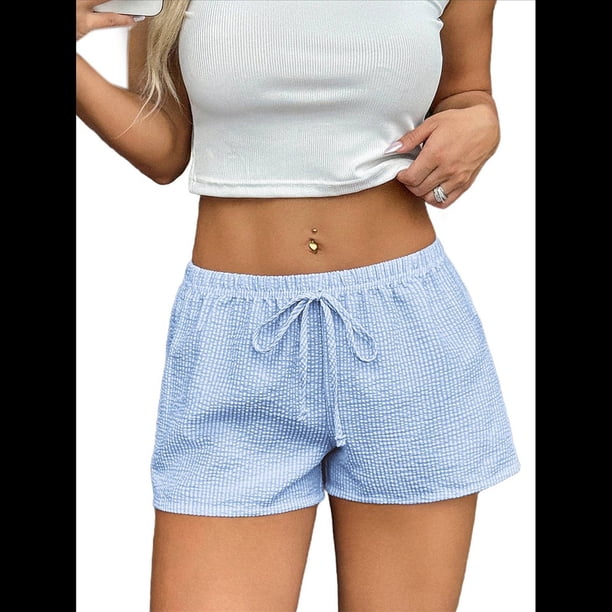 Pantalones Cortos Tipo Bóxer de Verano con Cintura Elástica, Cordón Ajustable y Estampado de Rayas para Mujer. Azul M