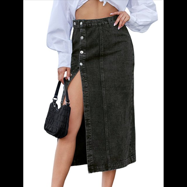Falda Vaquera Midi Informal con Abertura para Mujer, Elástica, de Cintura Alta, Deshilachada y Abotonada Negro S