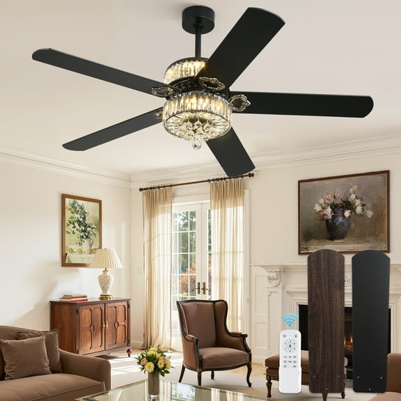 Zardon 60" Crystal Ceiling Fans with Light and Remote Control, Fandeliers Ceiling Fans with Reversible 6-Speed, for Indoor, Black