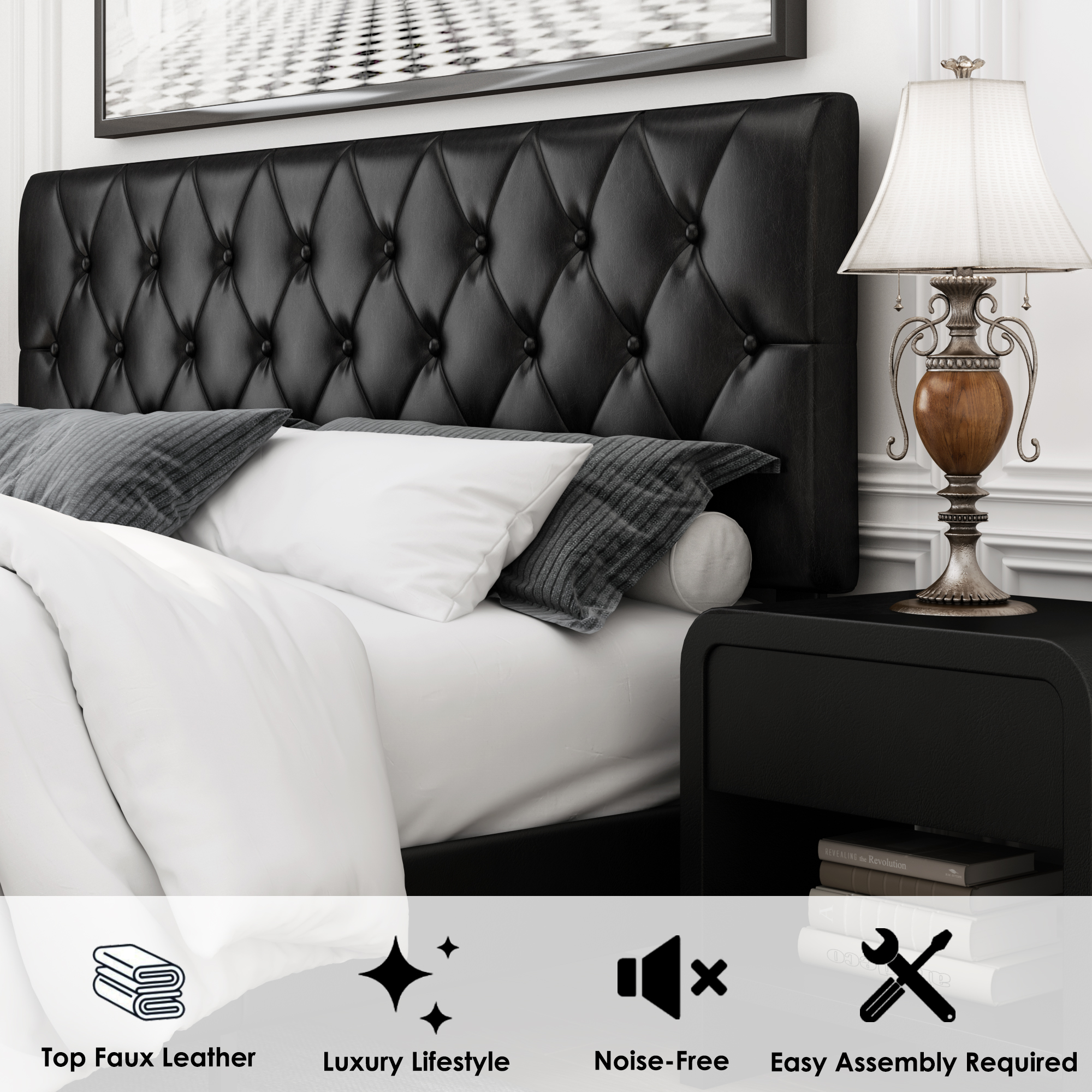 Buy Homfa King Bed Frame, Black Faux Leather Upholstered Button Tufted