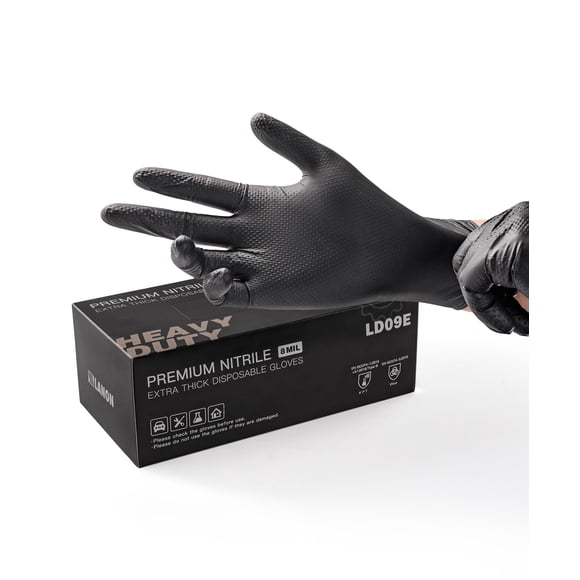 LANON Gants en Nitrile Noirs Robustes 8 Mil, Sûrs pour les Aliments, Sans Poudre, Mécaniciens, Prise Texturée Entièrement en Losange, Jetables Industriels g