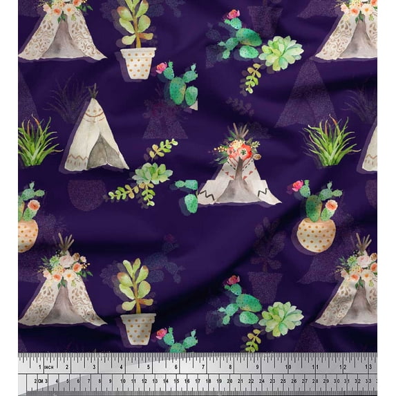 Soimoi Purple Cotton Duck Fabric Cactus With Conical Pot Tree Fabric Prints By Yard 42 Inch Wide