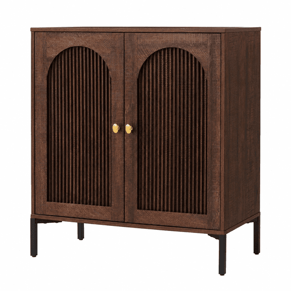 34" Tall Modern Arched Sideboard Buffet Cabinet with Fluted Doors and Adjustable Shelves, Brown Wooden Storage Cabinet for Kitchen, Dining Room, Living Room and Entryway