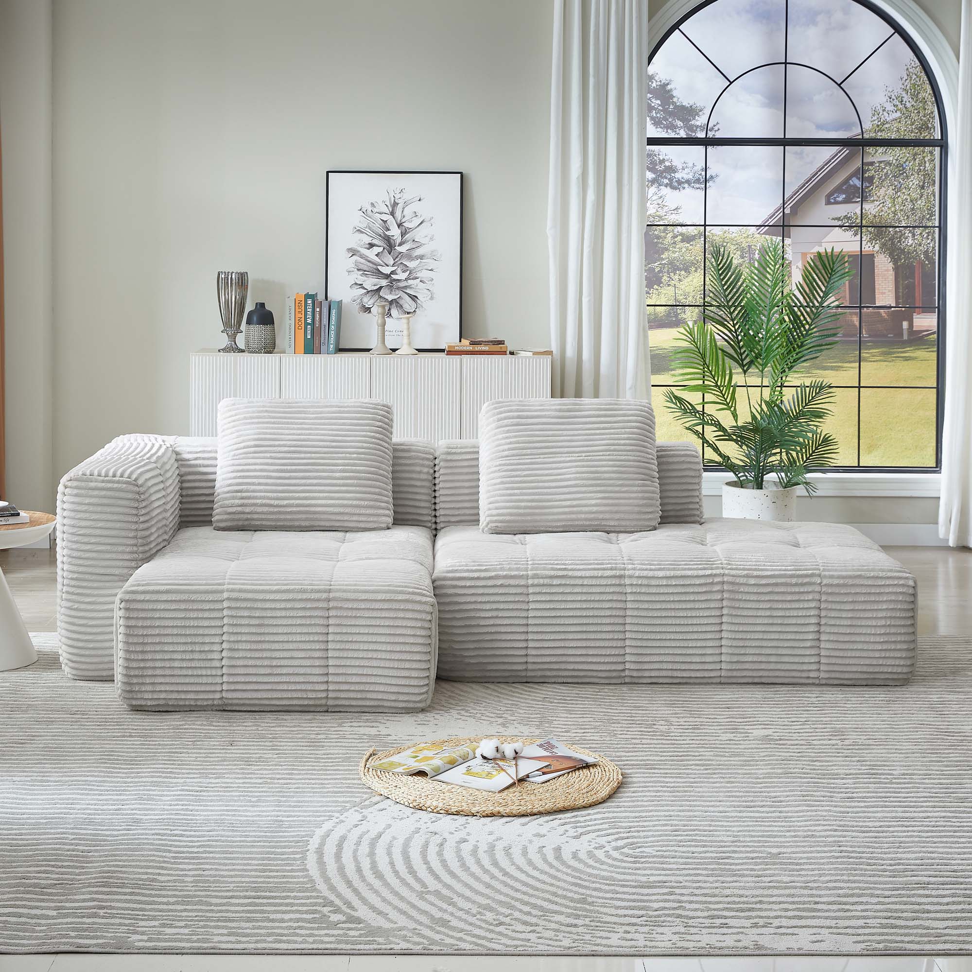 Miniyam 108 in 3 Seats L-Shape Modular Compressed Couch, Sectional Sofa with Chaise Lounge, Upholstered Oversized Tufted Couches for Living Room, Light Grey