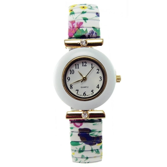 LINEL Women's White Floral Stretch Band Watch Crystal Accents Easy Read Dial