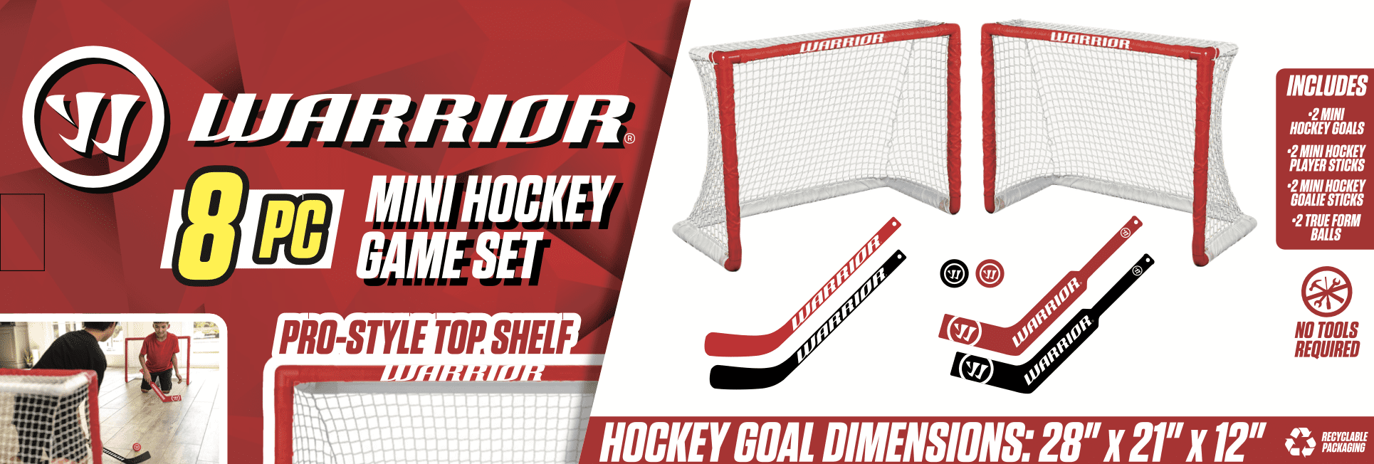 Warrior Mini Hockey Game Set, Kids Play, 8‑Piece Kit – Nets, Sticks, Balls