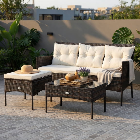 Hommoo 3-Piece Modern Patio Sectional Set with 5 Premium Cushions, All-Weather Rattan Sofa, Ottoman & Glass Coffee Table for Backyard, Poolside & Garden, White