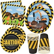 Construction Party Supplies Tableware Set 24 9" Paper Plates 24 7" Plate 24 9 Oz. Cup 50 Lunch Napkins For Builder Digger Truck Bulldozer Vehicle Construction Zone Site Baby Shower Birthday Decor