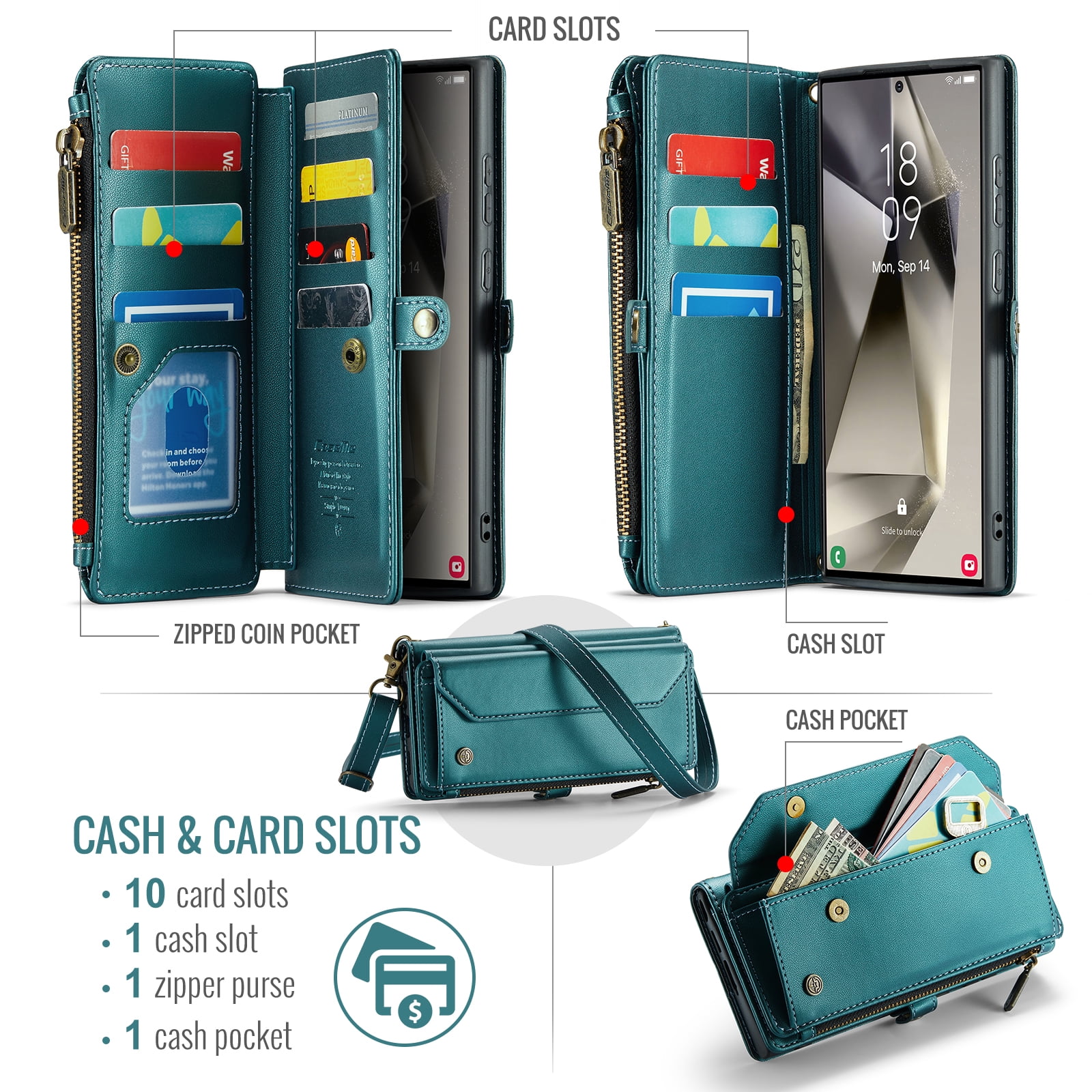 for Samsung Galaxy S22 Plus Full Body Protection Wallet Folio Flip Case, Shoulder Strap & Wristlet Card Slots Zipper Pocket RFID Blocking Rugged Durable PU Leather Phone Case Cover, Green