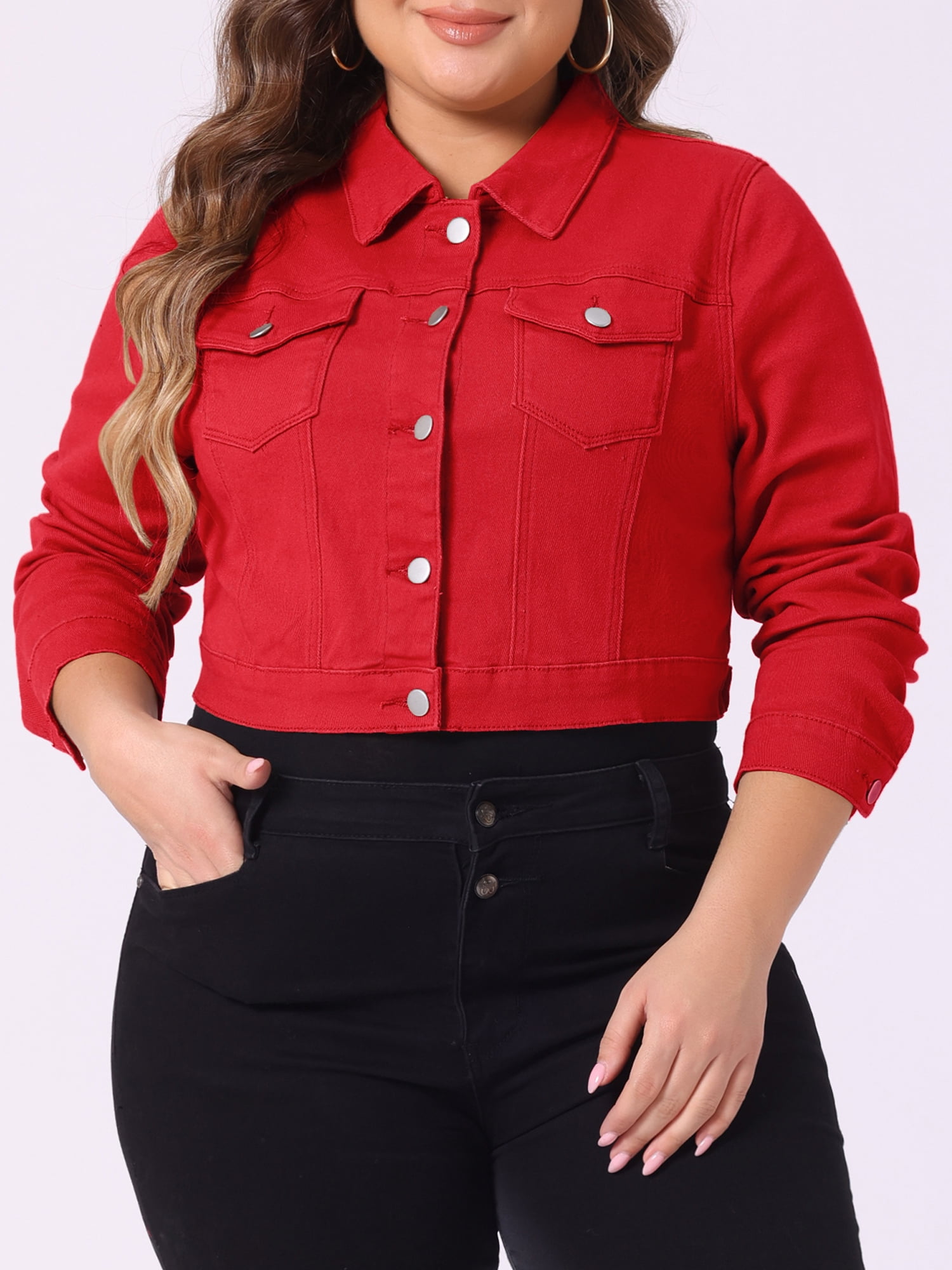 DARING DIVA Women's Plus Button Closed Cropped Denim Jacket 2X Red