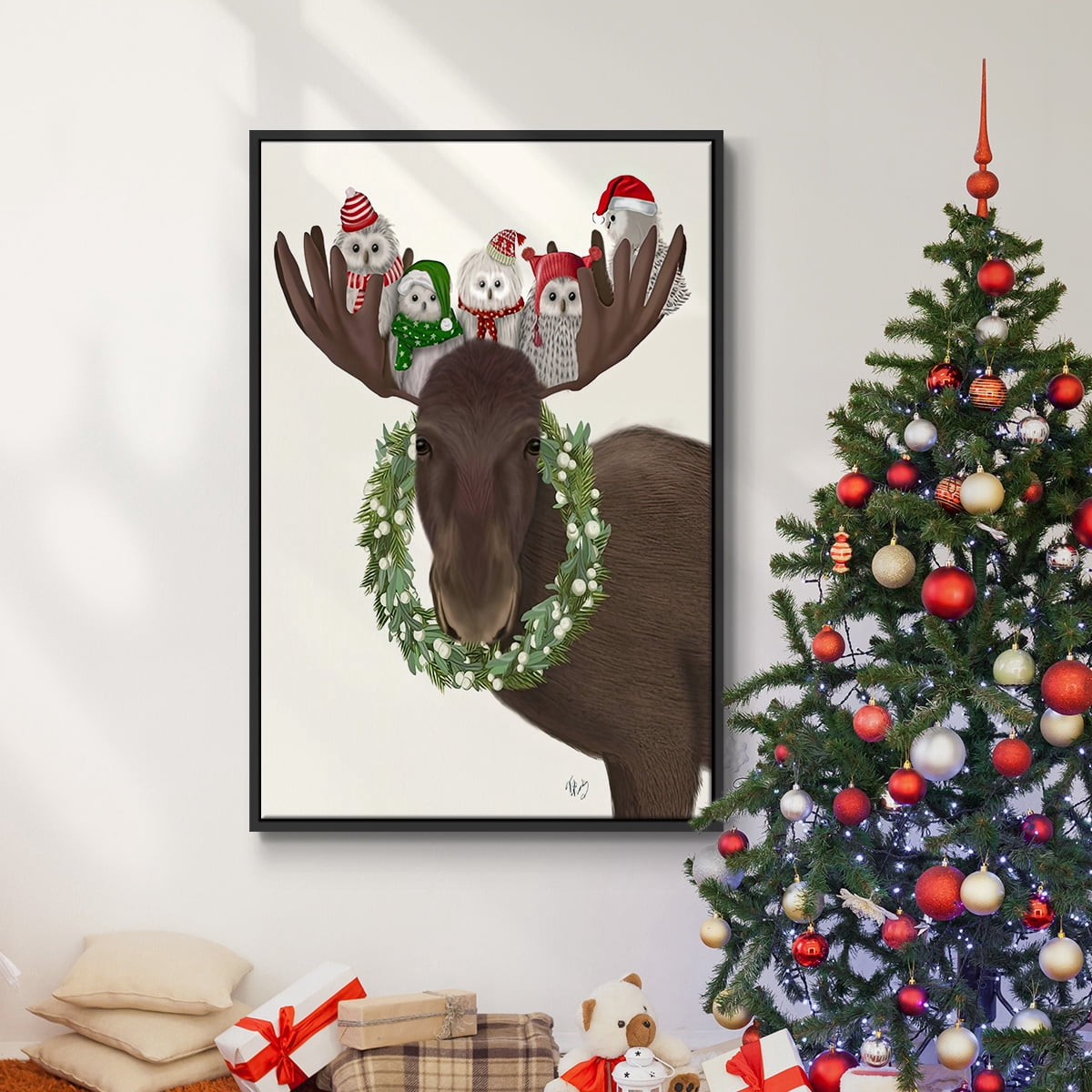 Christmas Moose and Christmas Owls - Framed Gallery Wrapped Holiday Canvas - 25 x 37 - Black Frame