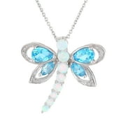Dragonfly Pendant Necklace Genuine Blue Topaz Wings & Opals Gems Real White Diamond 25mm Tall Silver 18" Chain Best Friend Gift for Her June - December Birthday Handcrafted Christmas Jewelry for Women