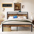 thumbnail image 3 of iRerts Queen Platform Bed Frame with Storage, Metal Queen Bed Frame with USB Ports, Storage Headboard, No Box Spring Needed, Industrial Bed Frame Queen Size for Bedroom, Black Brown, 3 of 8