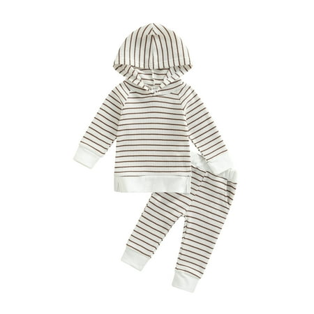 

jaweiw Newborn Girls Boys 2Pcs Outfits Set Horizontal Stripes Long Sleeve Hooded Pullover Tops + Elastic Waist Side Pockets Trousers Size 0 6 12 18 24 M 3 Years