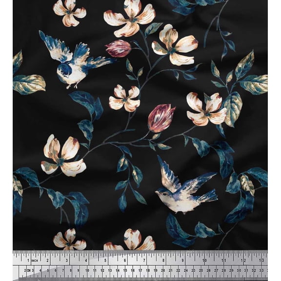 Soimoi Cotton Duck Fabric Robin,Leaves & Wildflower Floral Print Fabric by the Yard 42 Inch Wide