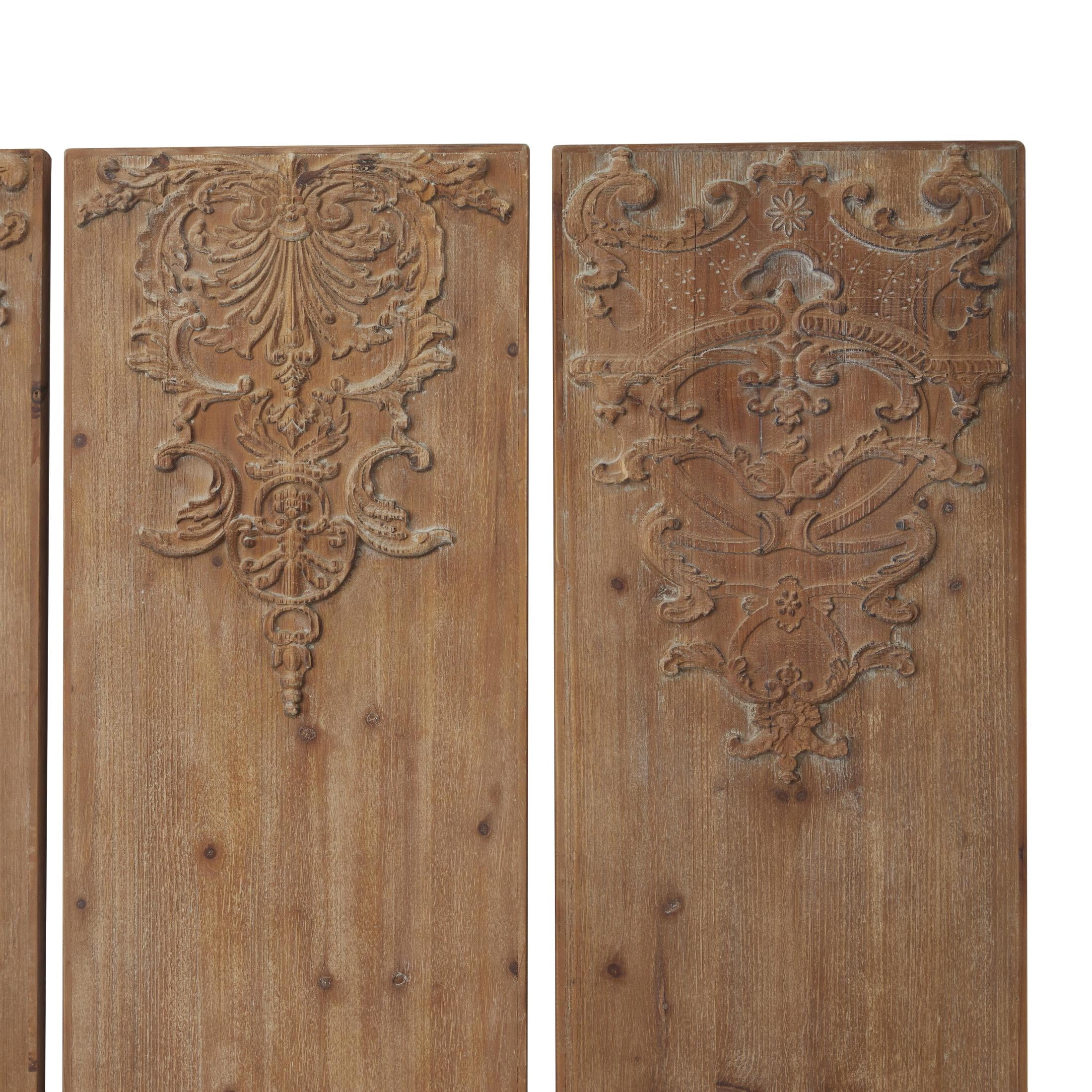 DecMode Brown Wood Carved Antefix Floral Wall Decor (3 Count)