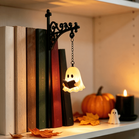 Cute Ghost-Shaped Bookshelf Light, Halloween Warm LED Book Shelf Lamp for Reading Nook, Adorable Whimsical Book Lamp for Home Office Bookshelf Desk Decor