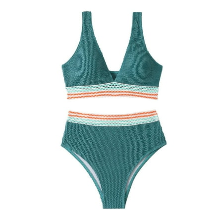 UTSJKR Women s High Waisted Bikini Sets Twist Striped Push Up Two Piece Swimsuit Tummy Control Swimsuits Color Block Two Piece Bathing Suit Blue M