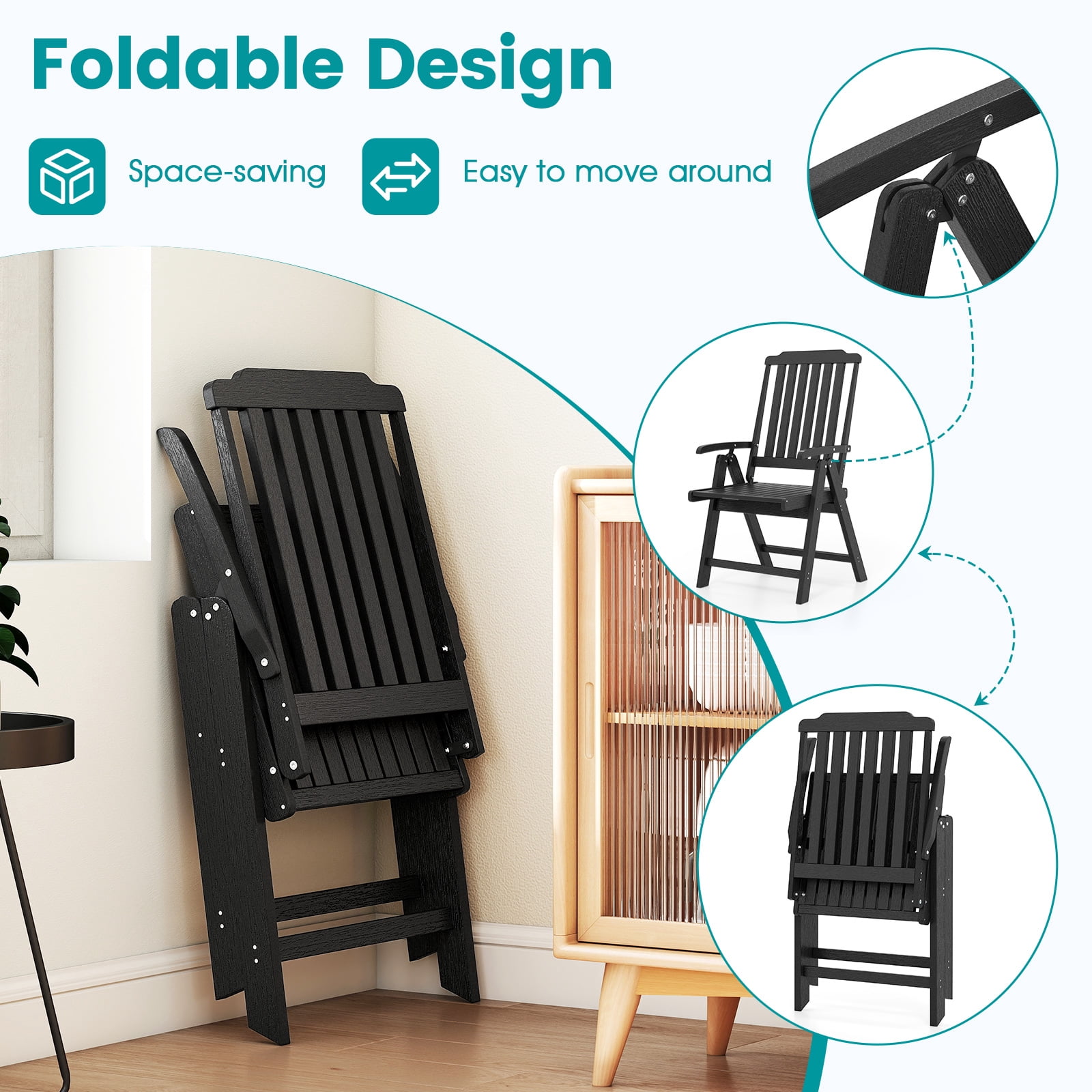 Gymax 2PCS Foldable Patio Chair w/Armrest Curved Back Slatted Seat for Backyard Deck Black