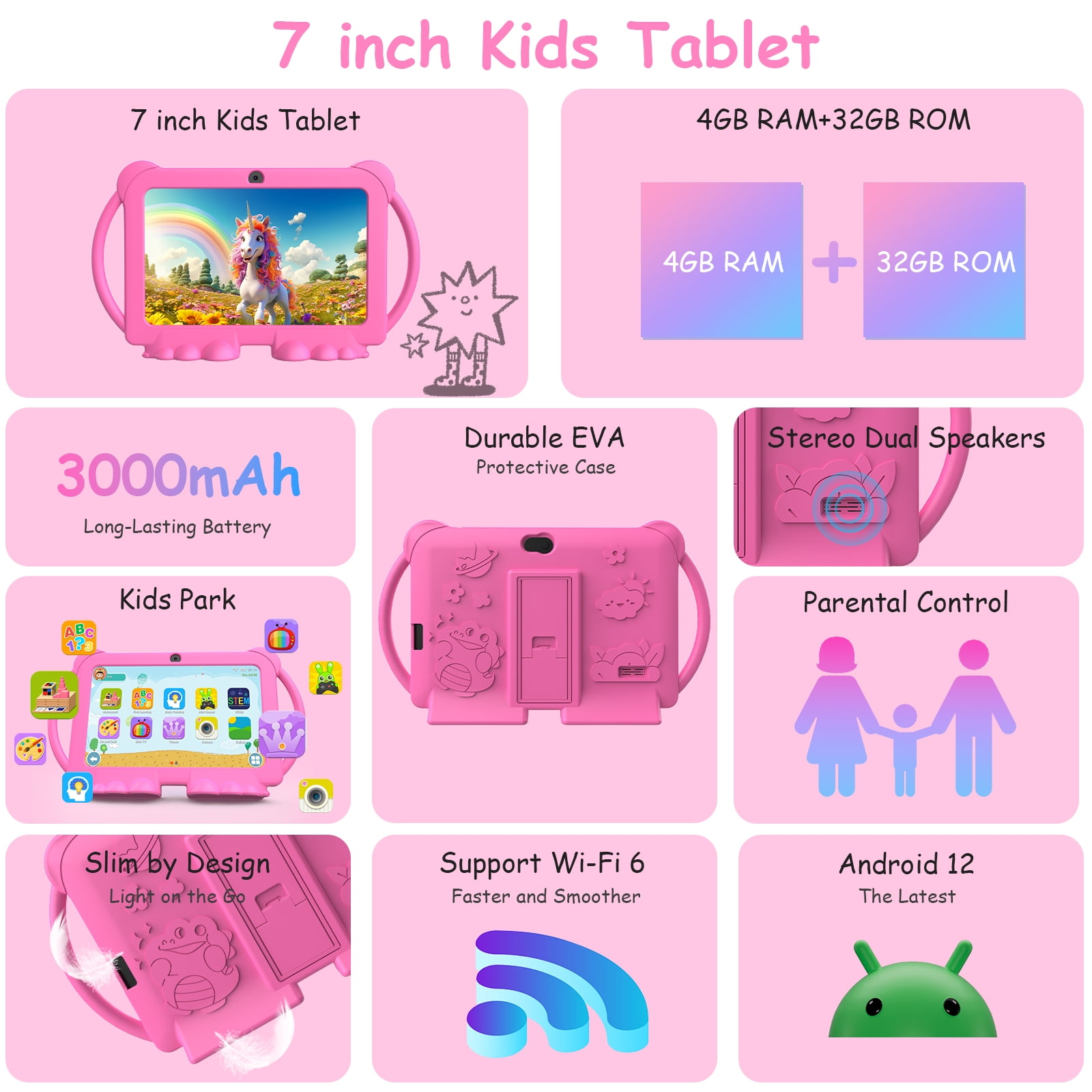 Kids Tablet 7 inch Toddler Tablet Android Tablet for Kids 4GB RAM 32GB ROM