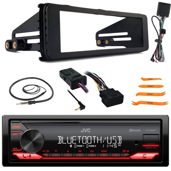 JVC KD-X280BT Single Din Bluetooth USB/AUX AM/FM Radio Digital Media In-Dash Stereo Receiver, Single-DIN Stereo Installation Kit, Handlebar Control Interface, Radio Antenna, Pry Tool Set (98-2013)