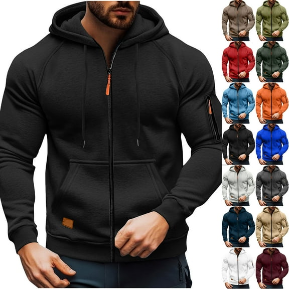 LODIENY Full Zip up Cargo Hooded Sweatshirts for Men Big and Tall Regular Fit Casual Fall Winter Long Sleeve Drawstring Hoodie Jacket Outwear Tops with Multi-Pockets Black S