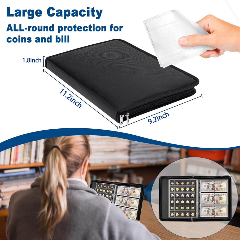 NOGIS Fireproof Coin Album with 360 Coin Collection Holder & 36 Sleeves Money Currency Collection Book Pockets, Currency Album, Coin Collection Supplies for Collectors