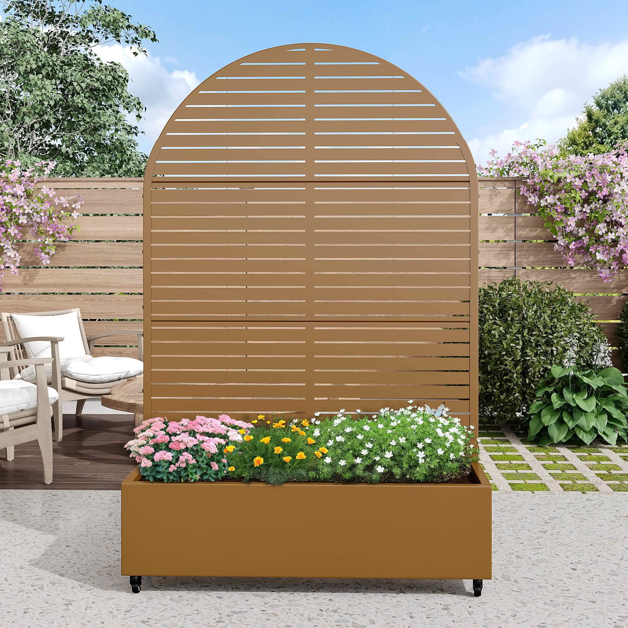 MAYEERTY 72x47x16 Inch Brown Metal Arched Planter Box with Trellis, 3 Piece Set for Outdoor Garden & Patio