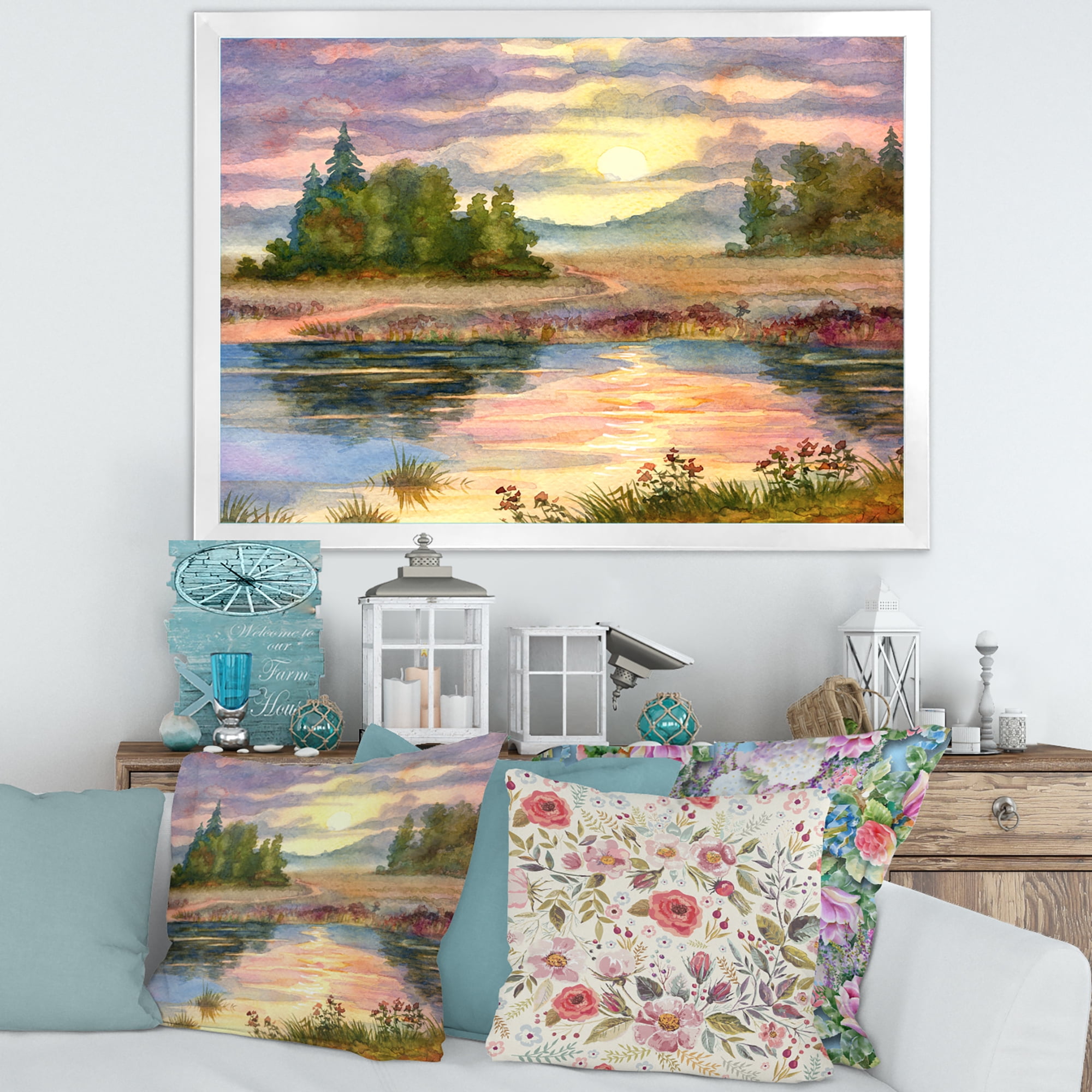 Designart 'The Rural Lake In Sunset Evening I' Traditional Framed Art Print