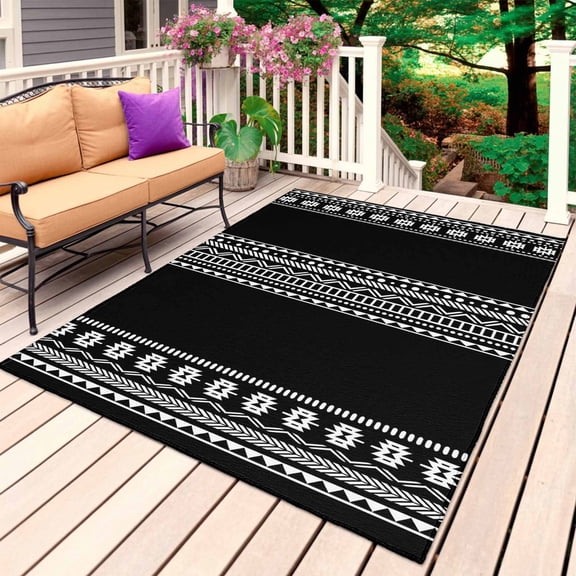 Black Boho Outdoor Rug 6x9 Ft, Non Slip Washable Area Rug, Vintage Abstract Striped Geometric Motifs Patio Rugs Carpet Runner, Large Floor Mat for Indoor/Outdoor Deck Porch Camping