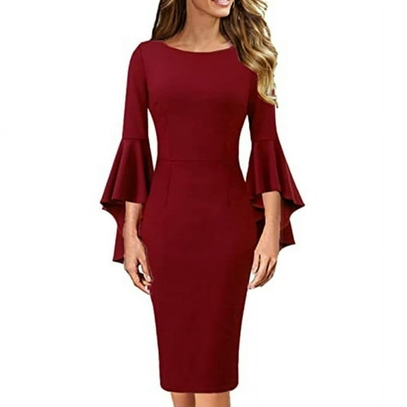 cfhntfmh Bodycon Dresses for Women Slim Crewneck Long Sleeve Cocktail Dress Fashion 3/4 Ruffle Sleeve Pencil Midi Dress
