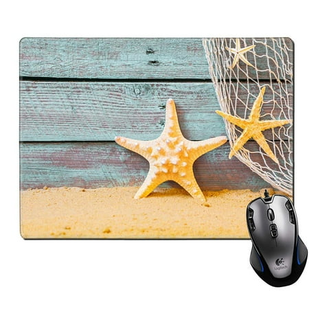 Wooden Moose POPCreation starfish and a fishing net against rustic weathered blue wooden planks above golden beach sand Mouse pads Gaming Mouse Pad 9.84x7.87 inches ()