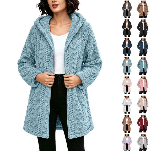 Utoimkio Women's Winter Long Fleece Jackets Warm Zip Up Hoodie Long Sleeve Sweater Coat Fall Winter Warm Outwear Size S-3XL