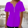 thumbnail image 2 of HAPIMO Women's Solid Color Pullovers Summer Short Sleeve Tees V Neck Button Blouses Trendy Loose Tops Dressy Tunic Relaxed Casual Workout Pleated Shirts Purple S, 2 of 4