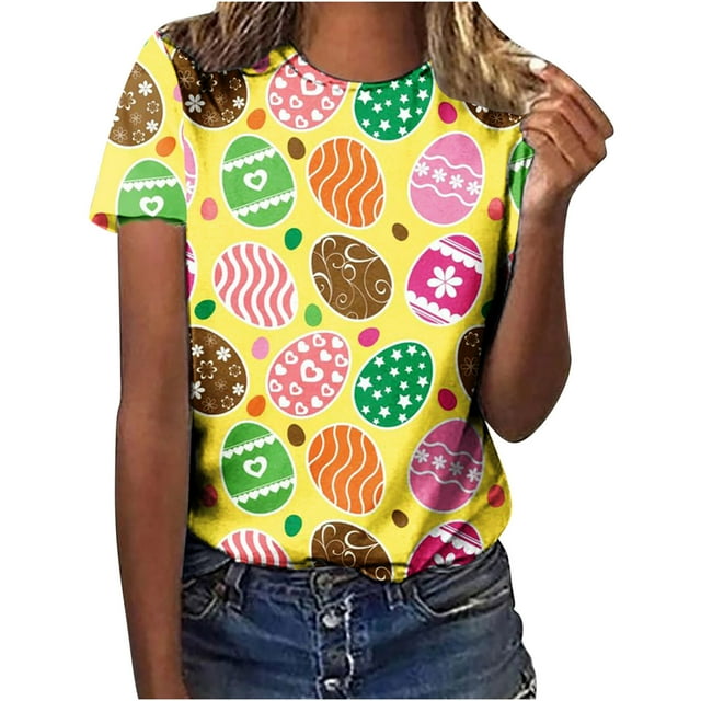 Bowake T-Shirt Joyeuses Pâques pour Femmes T-Shirt Graphique Œuf Été Manches Courtes Col Rond Hauts Cadeau de Pâques Jaune
