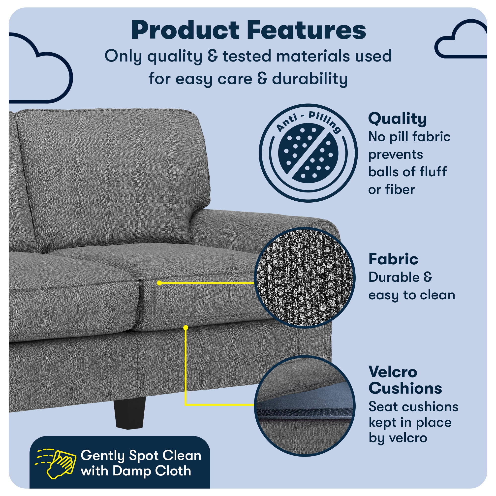 Serta Copenhagen 61" Rolled Arm Sofa, Easy Care Polyester, Loveseat or Couch for Small Spaces, Dark Gray