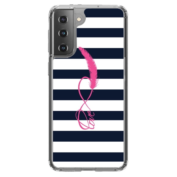 DistinctInk Clear Shockproof Hybrid Case for Galaxy S21  PLUS 5G (6.7" Screen) - TPU Bumper, Acrylic Back, Tempered Glass Screen Protector - Navy White Stripes Pink Love - Chevron Stripes