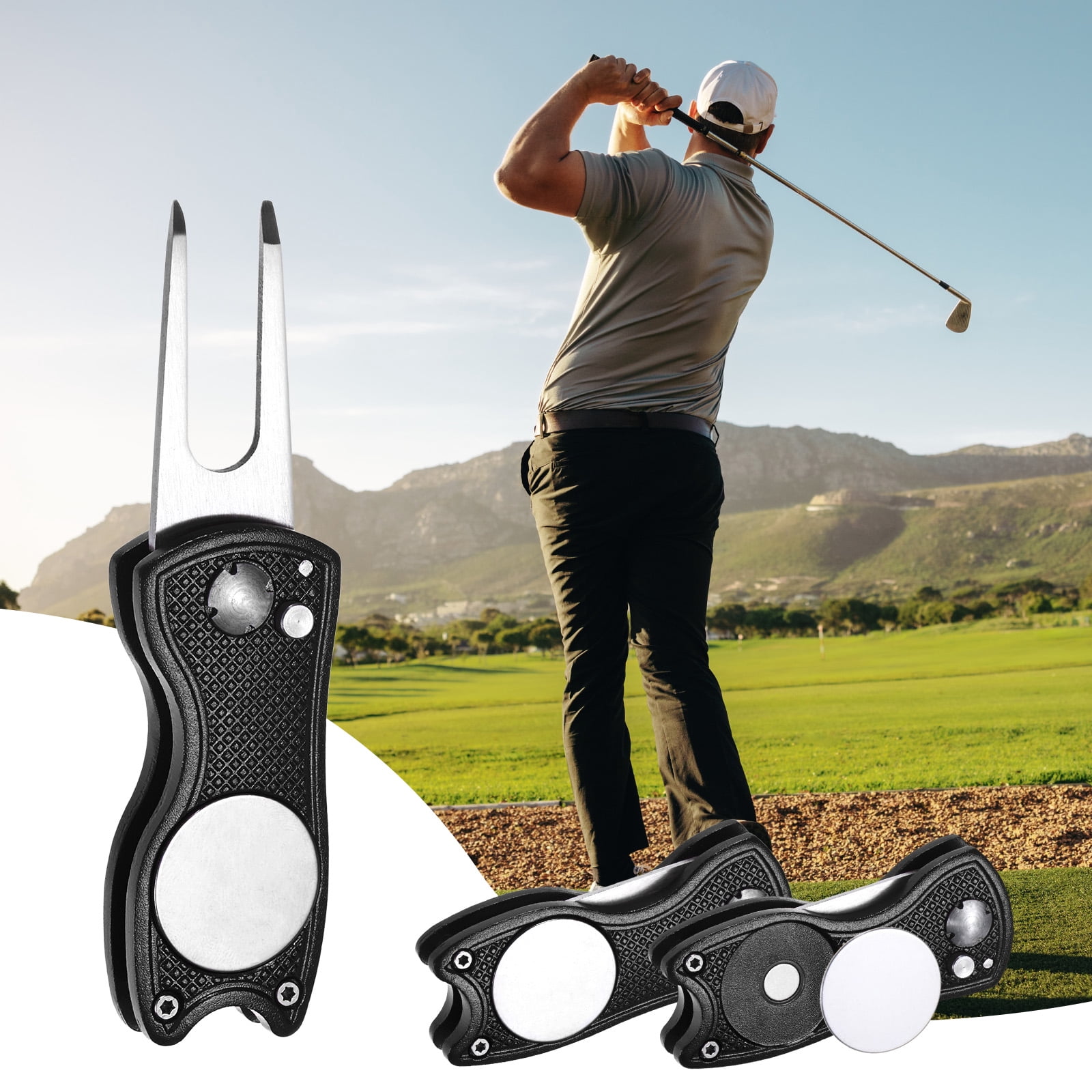 Uxcell Golf Divot Repair Tool [4PCS] - Switch Foldable Divot Tool Rack with Magnetic Ball Marker - [Black] Green Fork Tines