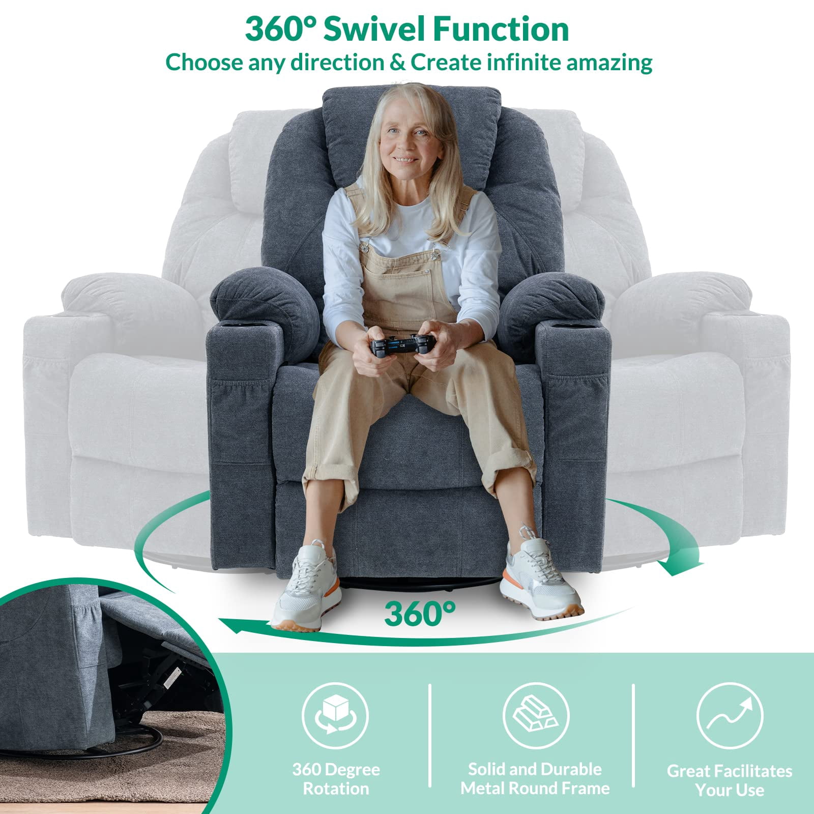 VIVIJASON Manual Massage Rocker Recliner Chair, 360° Swivel Glider Lounge Chair with Heat Ergonomic Home Theater Recliner Sofa with 2 Cup Holders, Side Pockets & USB Ports for Living Room, Bluish Grey