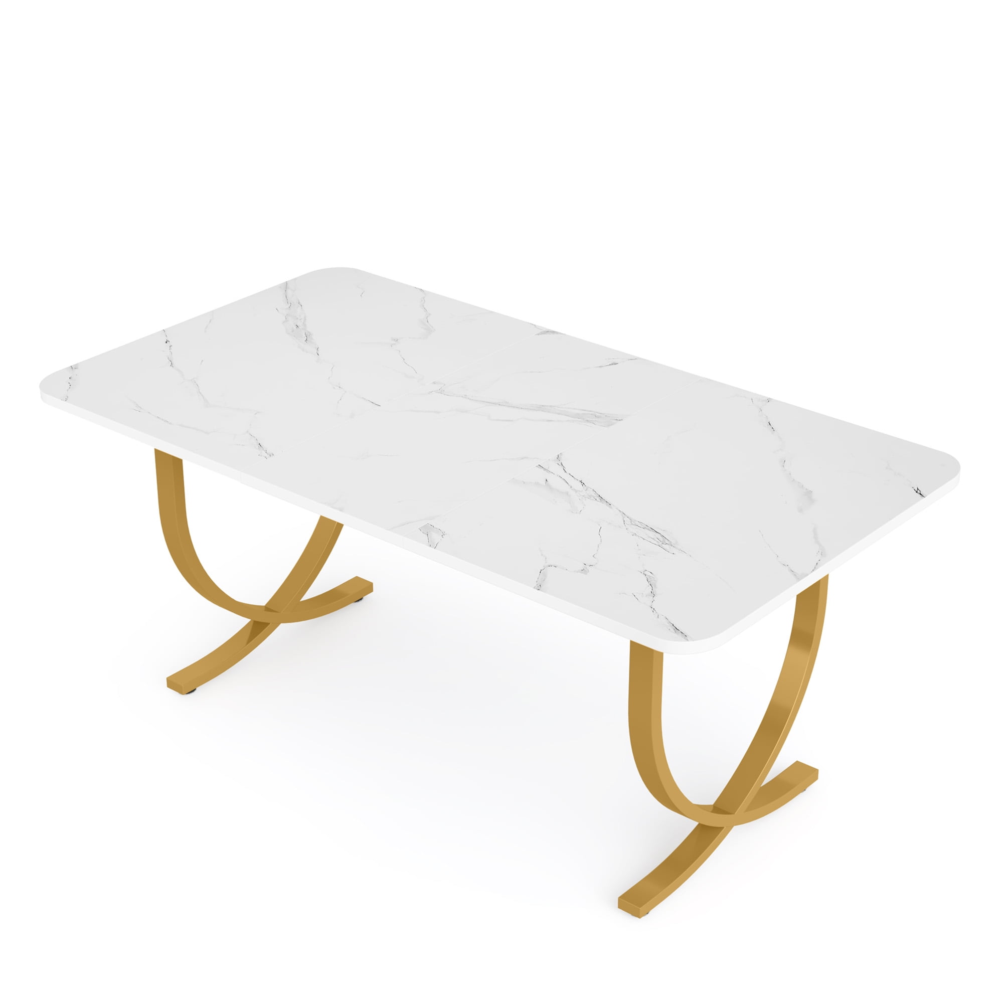 KIOOTTO 63" Executive Office Desk, Faux Marble Computer Workstation with Gold Metal Frame, White
