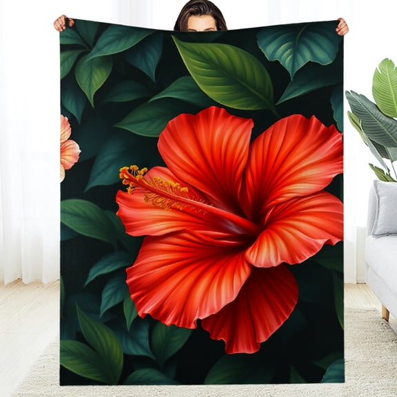 RKSupls Red Hibiscus Tropical Flower Leaf Soft Flannel Throw Blanket, Lightweight Fuzzy Warm Cozy Blanket for Couch Bed Home Travel Decor