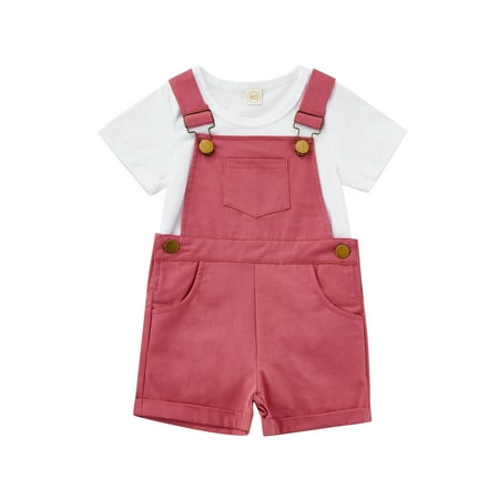 

CenturyX Toddler Kids Girls 2pcs Outfits White Round Neck Short Sleeve T-Shirts Tops + Solid Color Straps Shorts Summer Set Rose Red 12-18 Months