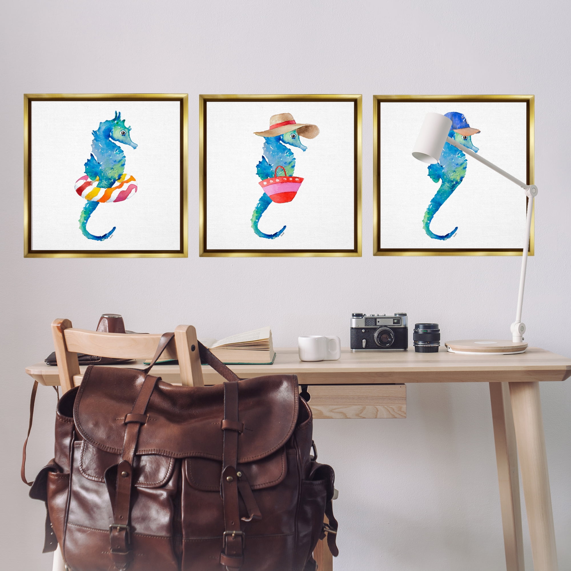Stupell Industries Fun Beach Ready Seahorses Nautical & Beach Painting Gold Floater Framed Canvas Art Print Wall Art, 25 x 25, Set of 3