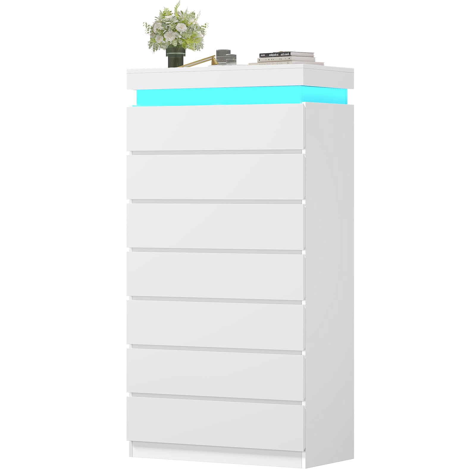 White 7 Drawer dresser with LED lights,chest of 7 drawers,modern large capacity storage cabinet with deep drawers, dresser for bedroom, living room