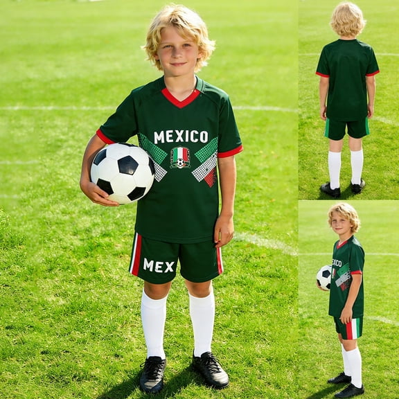 Kids Mexico Soccer Jersey Set Short Sleeve T Shirt And Shorts Breathable Athletic Sports Outfit For Boys And Girls Football Game,Dark Green,140
