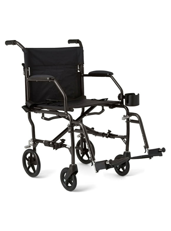 Medline Ultra Lightweight Transport Wheelchair for Adults, Foldable, 19-Inch Seat Width, Blue Frame, Black Upholstery