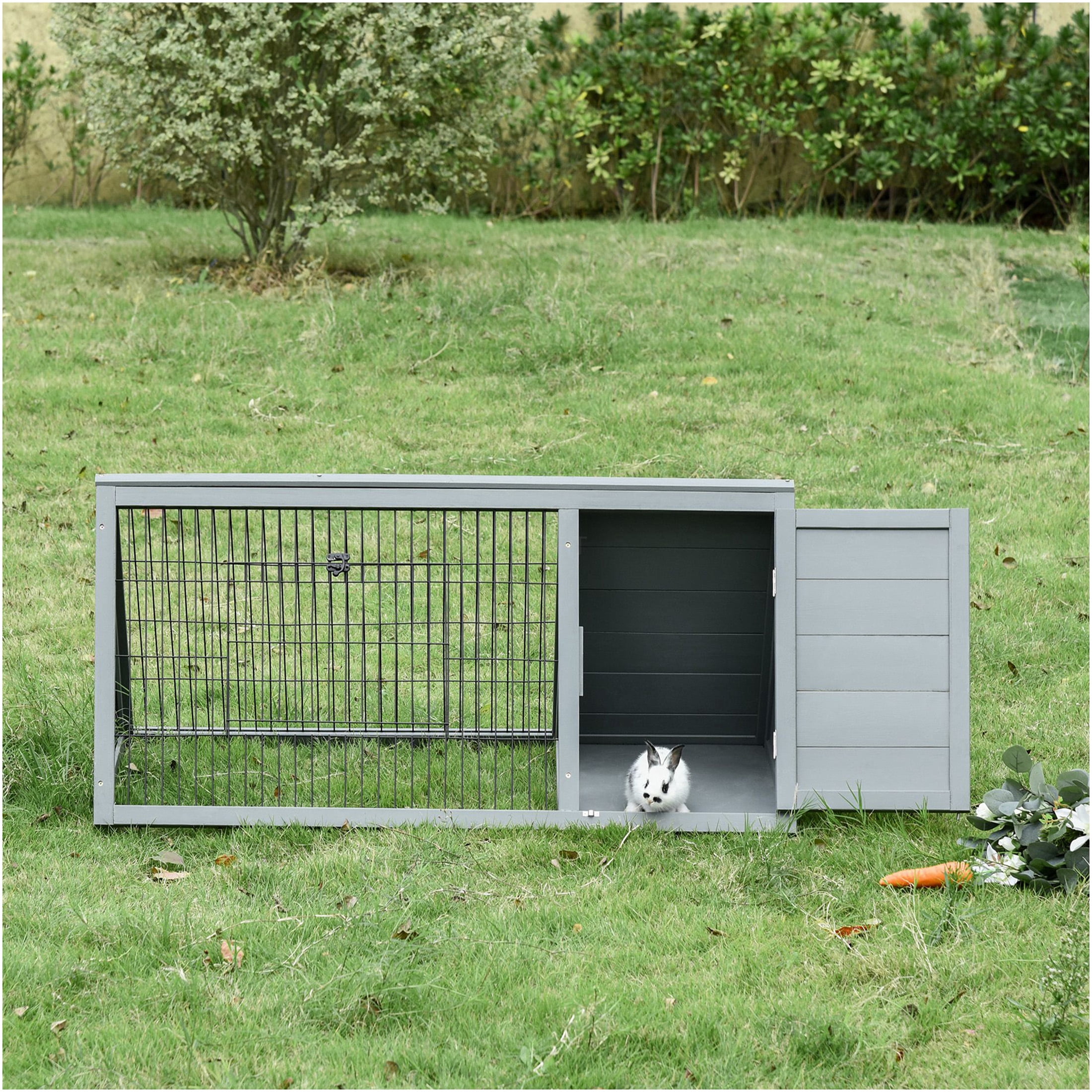 JERFIT 46" A-Frame Outdoor Rabbit Hutch with Run, Grey Wooden Small Animal Cage House for Rabbits, Guinea Pigs