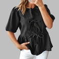 thumbnail image 2 of Womens Denim Tie Front Tops Babydoll Peplum Puff Sleeve Jean Shirts Crew Neck Summer Casual Bow Blouses Bow Top, 2 of 8