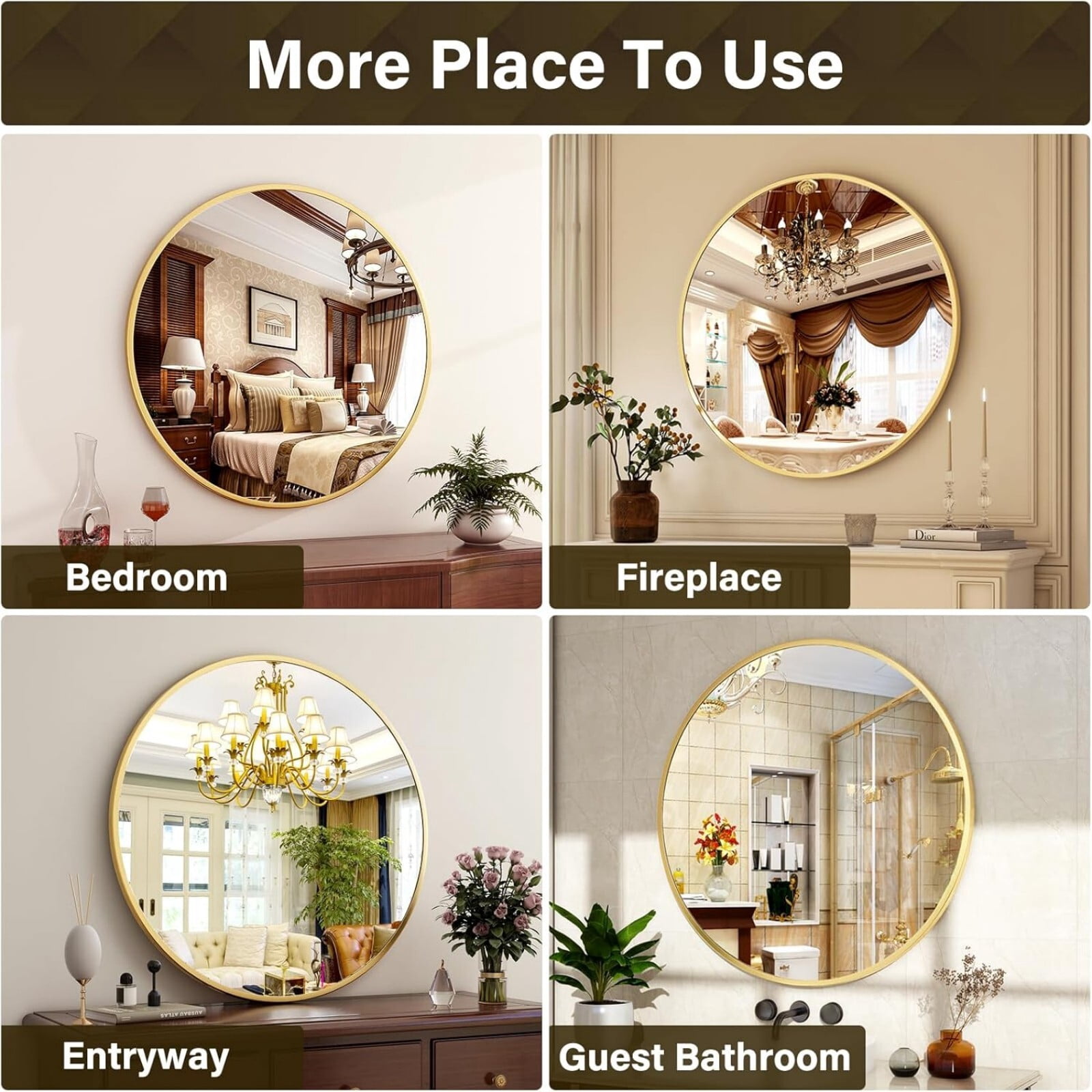 AUROMIR 24" Round Bathroom Mirror Wall Mounted Modern Vanity Mirror, Gold