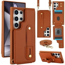 for Samsung Galaxy S25 Ultra Case with Card Holder Crossbody Lanyard Strap Leather Wallet Case with Magnetic Clasp Kickstand Heavy Duty Protective Back Flip Phone Cover for Women,Brown